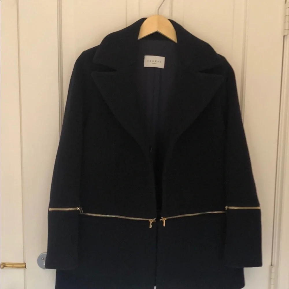 Sandro navy blue wool blend coat with zipper M